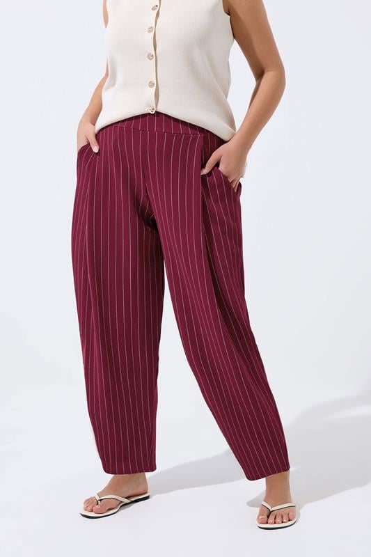 LIMITED COLLECTION Plus Size Burgundy Red Pinstripe Barrel Trousers | Yours Clothing 1