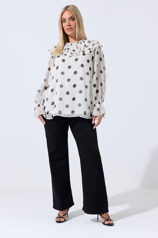 LIMITED COLLECTION Plus Size White Polka Dot Frill Neck Blouse | Yours Clothing 2