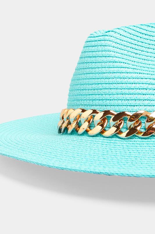 Bright Blue Straw Chain Fedora Hat | Yours Clothing  3