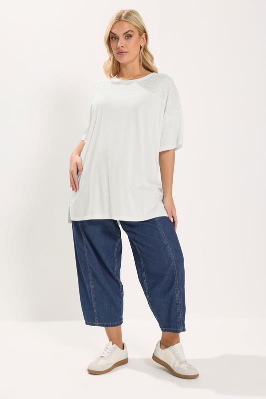 YOURS Plus Size White Woven Panel Oversized T-Shirt | Yours Clothing 1