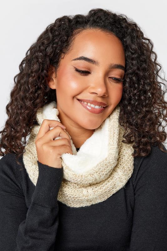 Plus Size  Yours Natural Cream Cable Knit Fur Lined Snood