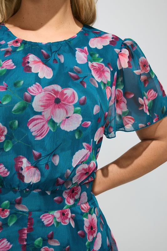 YOURS LONDON Plus Size Teal Blue Floral Ruffle Hem Dress | Yours Clothing 4