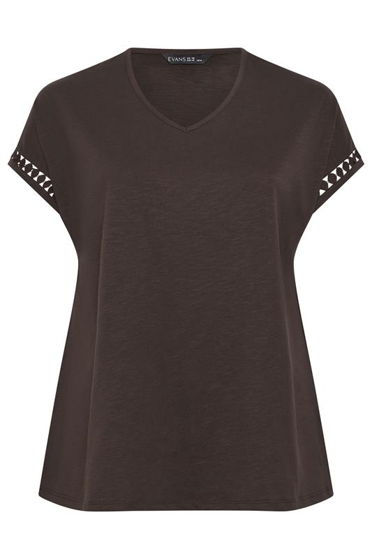 EVANS Plus Size Chocolate Brown Crochet Trim Cotton V Neck T-Shirt | Evans 5