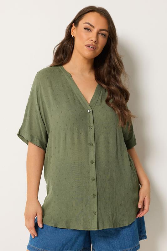 YOURS Plus Size Green Dobby Notch Neck Blouse | Yours Clothing 1