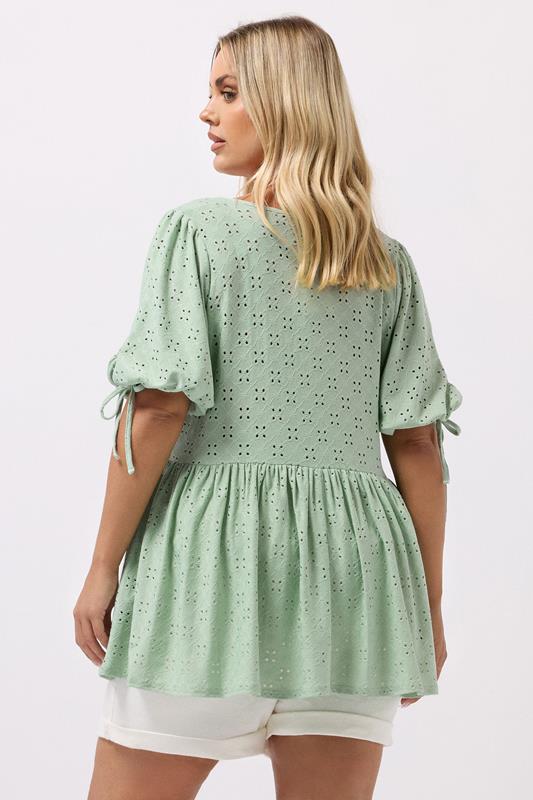 YOURS Plus Size Green Broderie Anglaise Tie Front Peplum Top | Yours Clothing 5