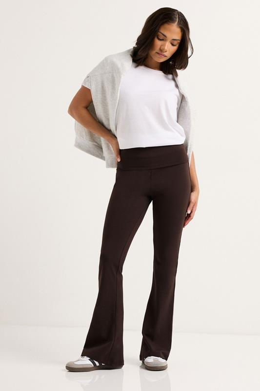 PixieGirl Petite Women's Chocolate Brown Fold Over Flared Leggings | PixieGirl 1