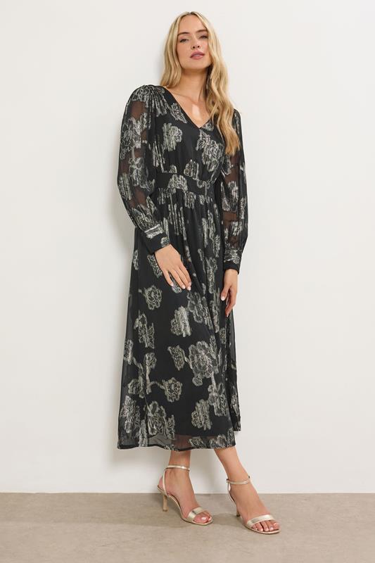 LTS Tall Black & Gold Floral Jacquard Maxi Dress | Long Tall Sally  1