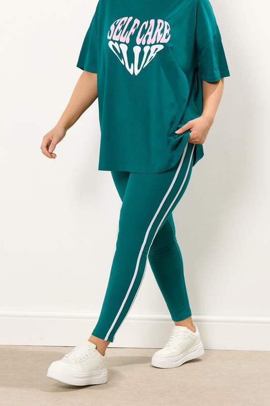YOURS ACTIVE Plus Size Teal Green Side Stripe Leggings | Yours Clothing 1