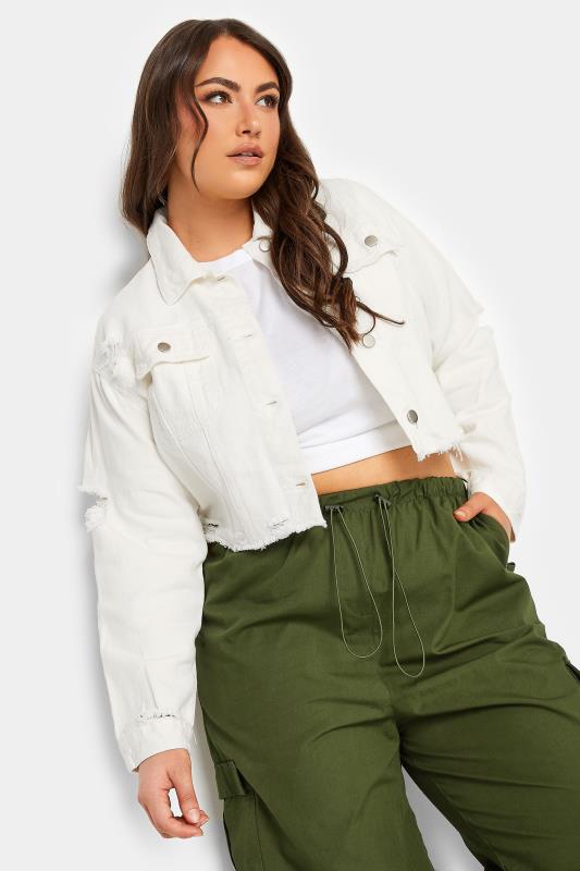 Plus Size White Cropped Distressed Denim Jacket | Yours Clothing  3