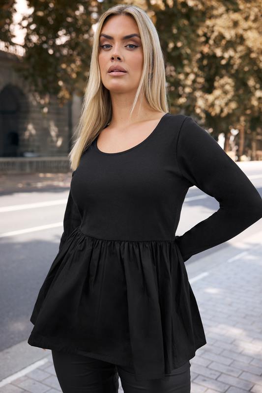 YOURS Curve Black Mixed Rib Peplum Top