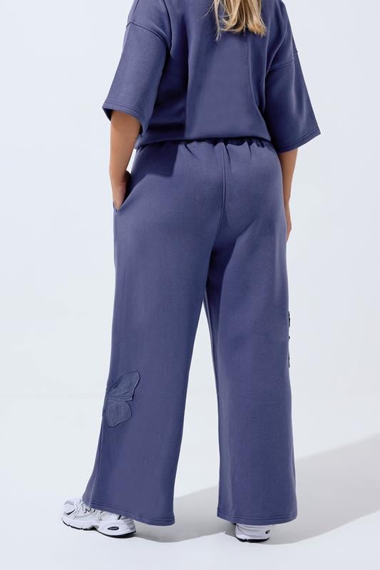 LIMITED COLLECTION Plus Size Navy Blue Embroidered Butterfly Wide Leg Joggers | Yours Clothing 2