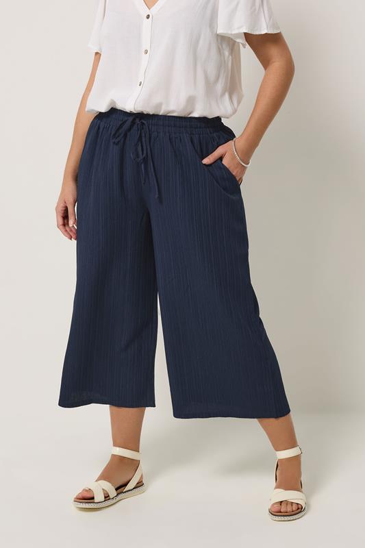 YOURS Curve Navy Blue Textured Cropped Trouser