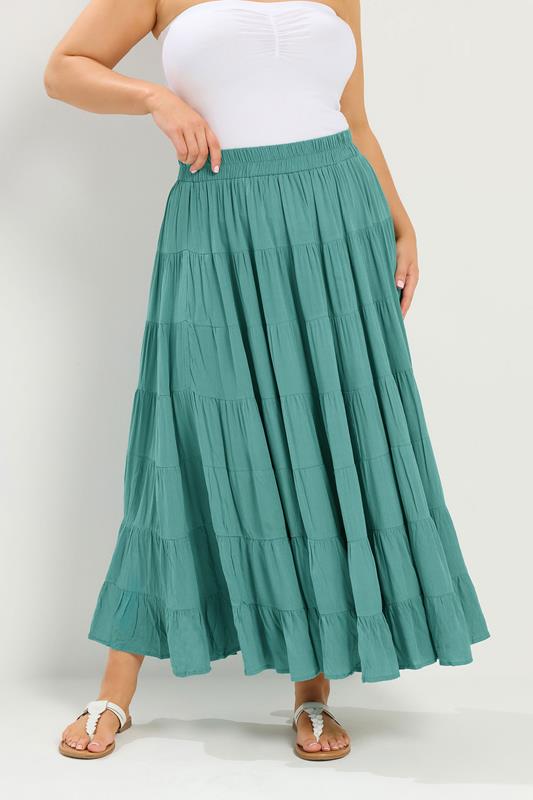 YOURS Curve Teal Green Tiered Maxi Skirt