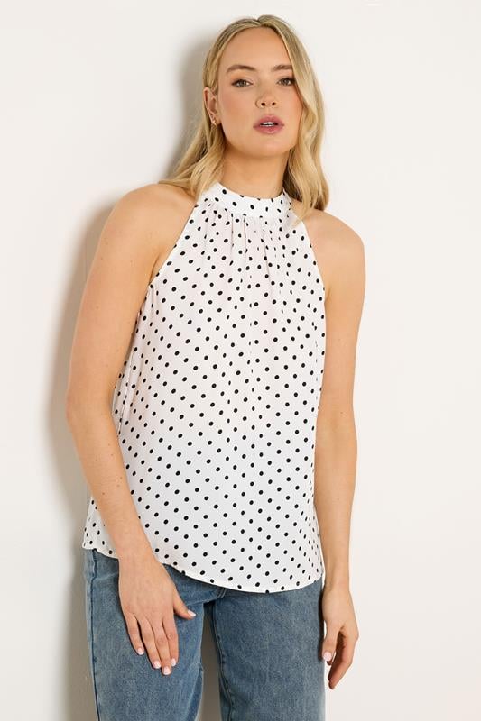 LTS Tall White Polka Dot Satin Halterneck Top