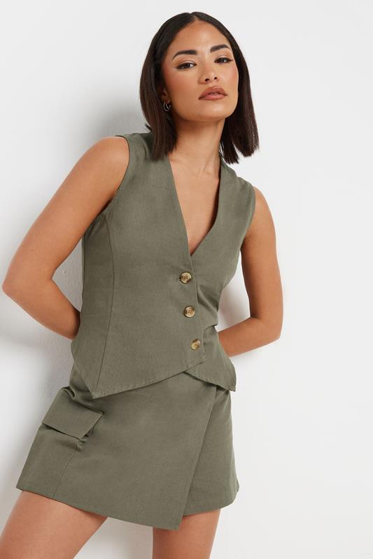 PixieGirl Petite Women's Khaki Green Asymmetric Button Cotton Waistcoat | PixieGirl 2