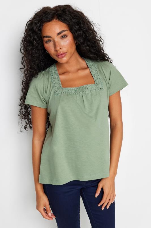 M&Co Petite Green Square Neck Short Sleeve Top | M&Co 1