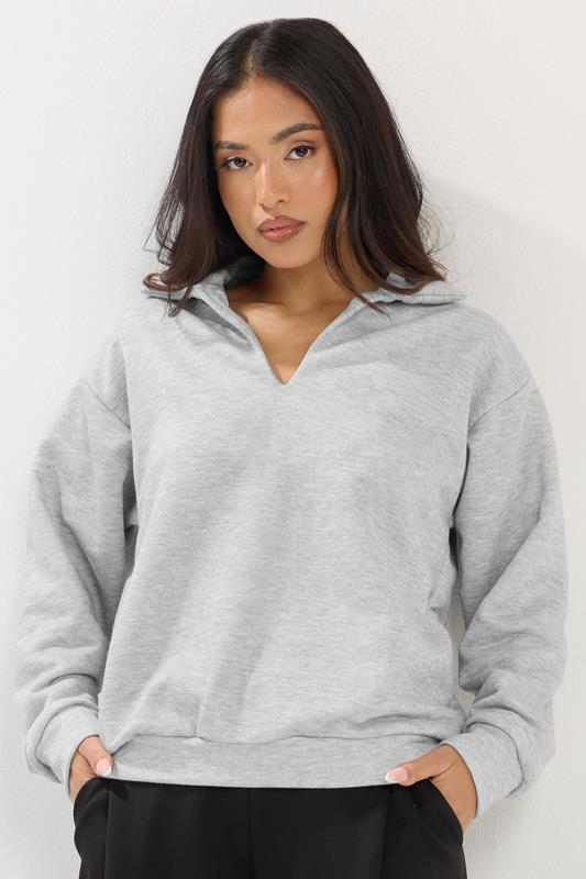 PixieGirl Petite Grey Marl Collar Oversized Sweatshirt