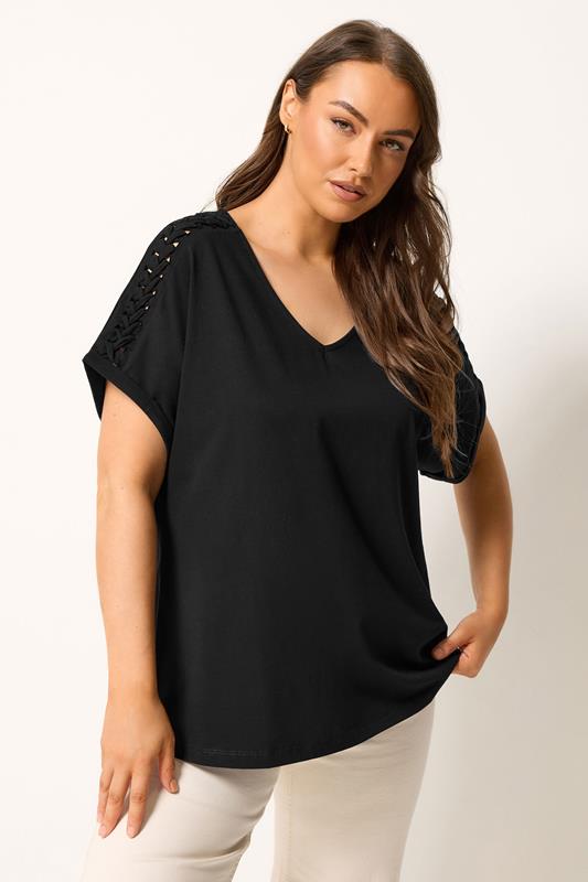 YOURS Curve Black Lattice Grown On Sleeve T-Shirt