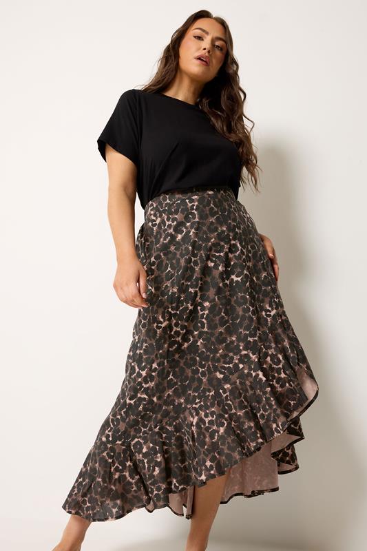 YOURS Plus Size Chocolate Brown Leopard Print Ruffle Skirt | Yours Clothing 1