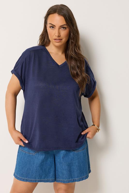 YOURS Plus Size Navy Blue Linen Look T-Shirt | Yours Clothing 1