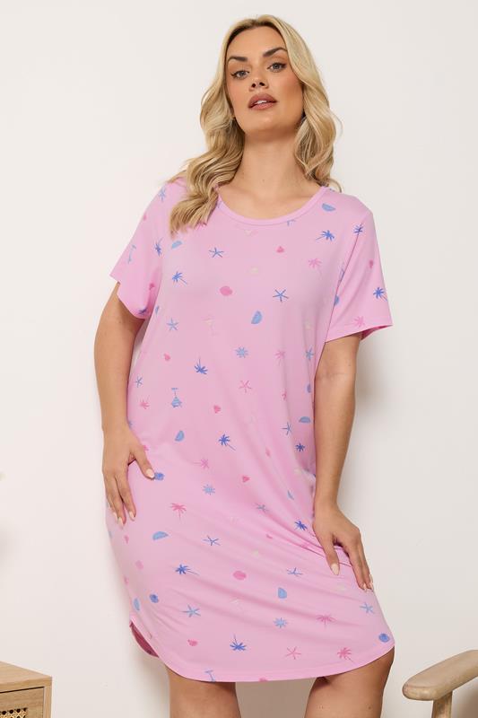 YOURSET 2 PACK Plus Size Pink Soft Touch Palm Tree Nightdresses | Yours Clothing 2