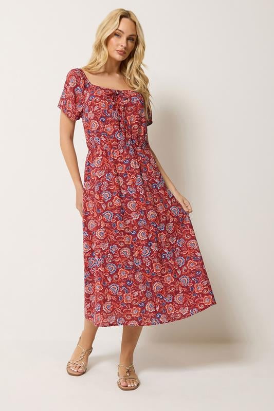  M&Co Red Abstract Print Scoop Neck Dress