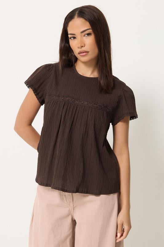 PixieGirl Petite Chocolate Brown Crochet Crinkle Top