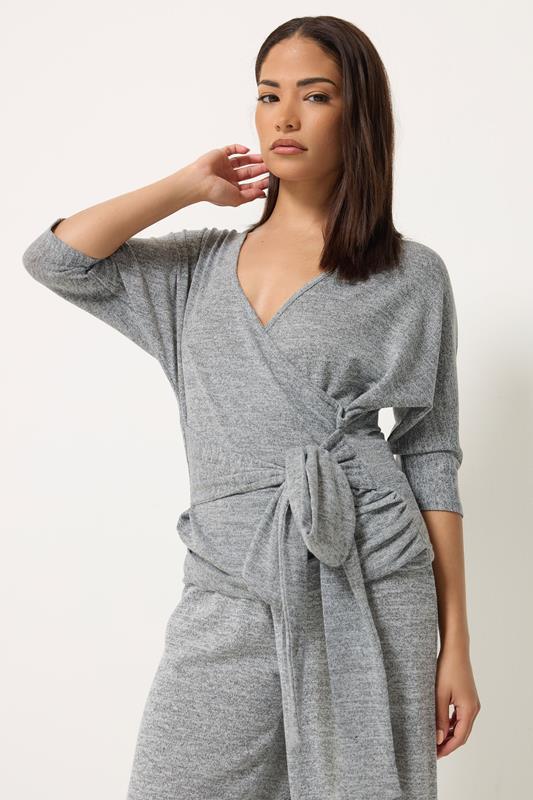 PixieGirl Petite Women's Grey Marl Belted Wrap Top | PixieGirl  1