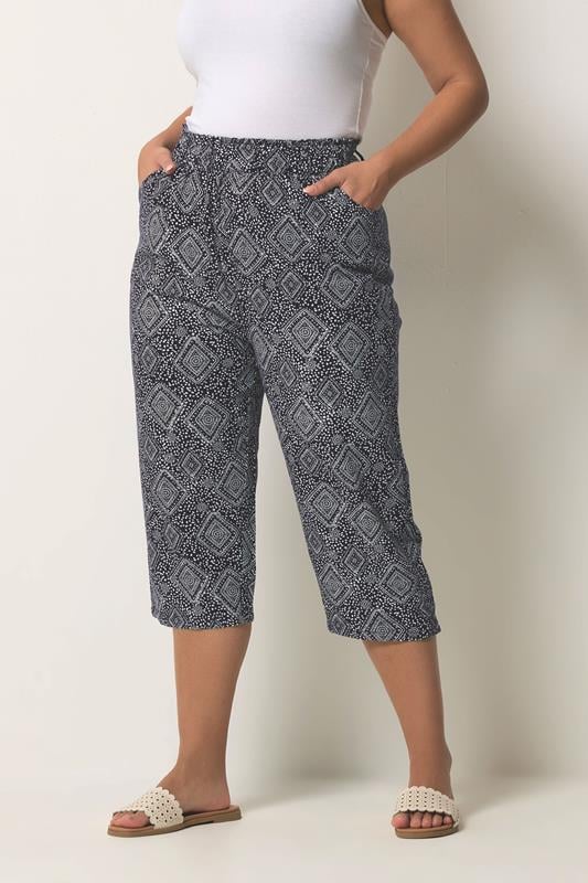 YOURS Curve Navy Blue Geometric Cool Cotton Cropped Trousers