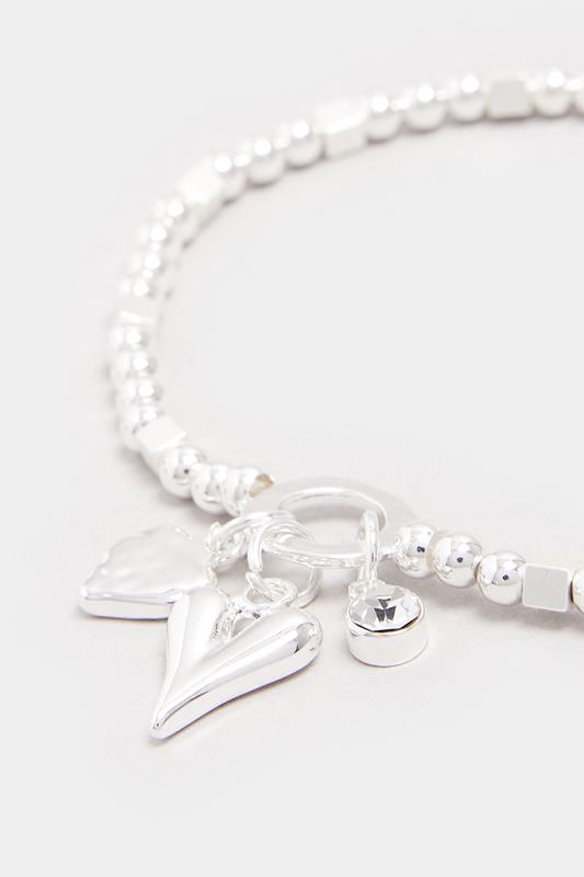 Silver Tone Beaded Heart Charm Stretch Bracelet | Yours Clothing 2
