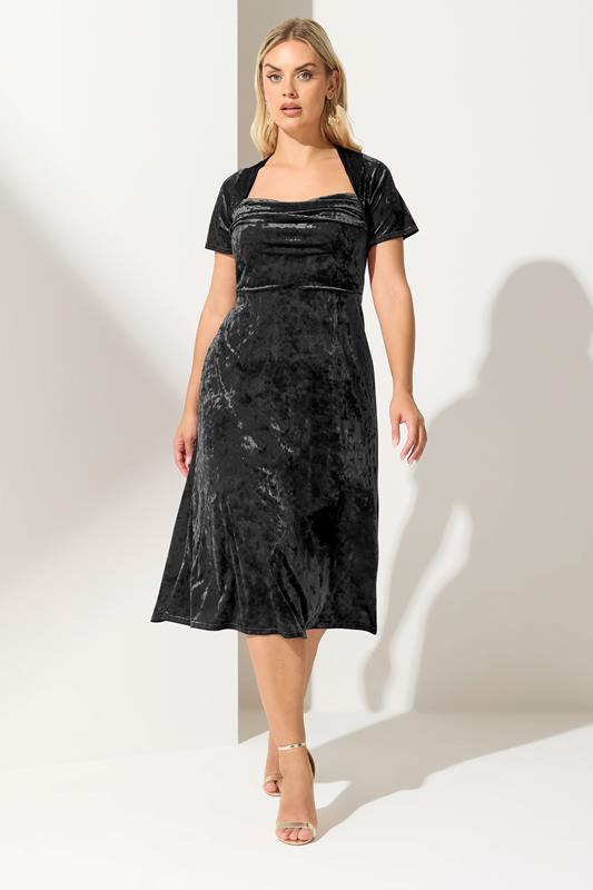 YOURS LONDON Plus Size Black Velvet Square Neck Midi Dress | Yours Clothing 1