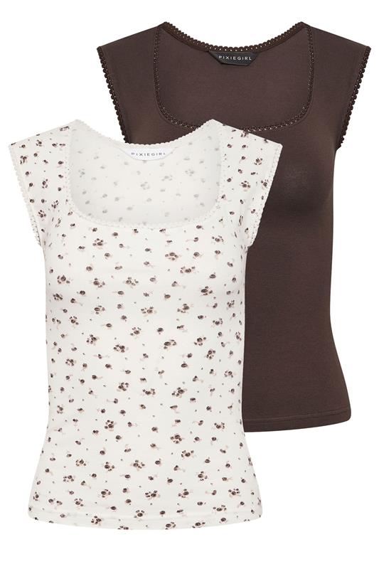 PixieGirl Petite 2 PACK Women's Chocolate Brown & White Spot Cotton Vest Top | PixieGirl 7