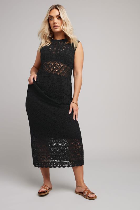 YOURS Plus Size Black Crochet Knitted Midi Skirt | Yours Clothing 1