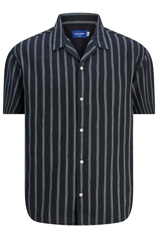 JACK & JONES Big & Tall Navy Blue & White Stripe Resort Shirt | BadRhino 1
