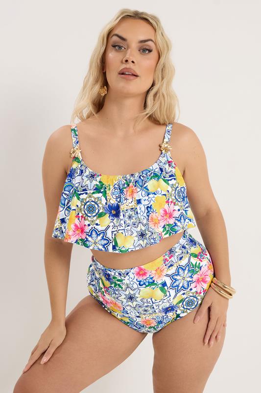 YOURS Plus Size Blue Mediterranean Tile Super High Waisted Bikini Briefs | Yours Clothing 1
