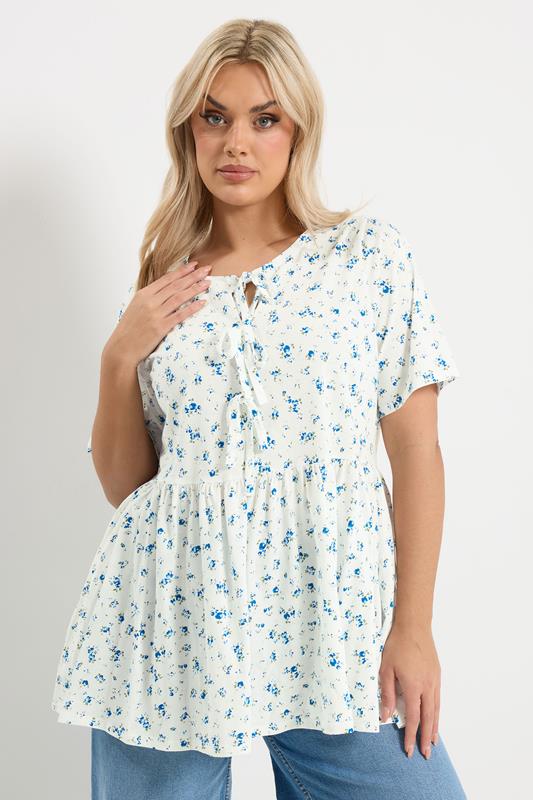 YOURS Plus Size Ivory White Ditsy Bow Tie Front Peplum Top | Yours Clothing 1