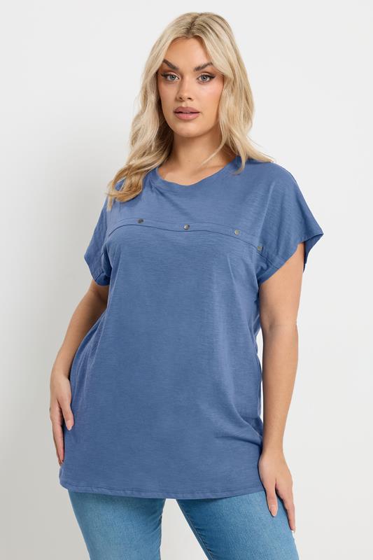 YOURS Plus Size Blue Stud Grown-On Sleeve T-Shirt | Yours Clothing 1