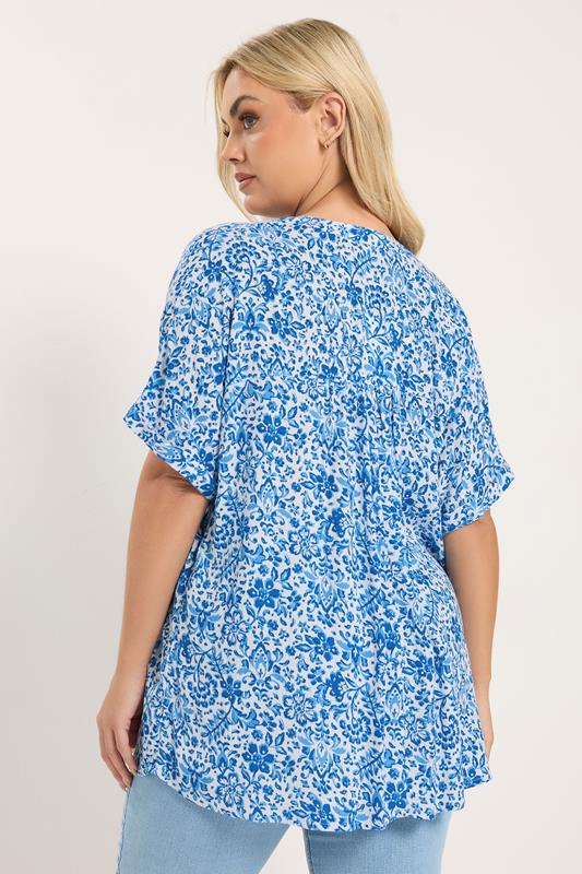 YOURS Plus Size Blue Crinkle Floral Notch Neck Top | Yours Clothing 2