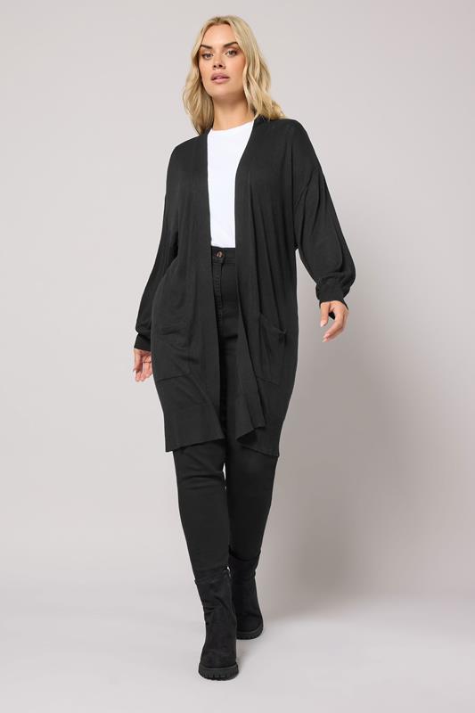 Plus Size Curve Black Balloon Sleeve Fine Knit Cardigan | Yours Clothing 1