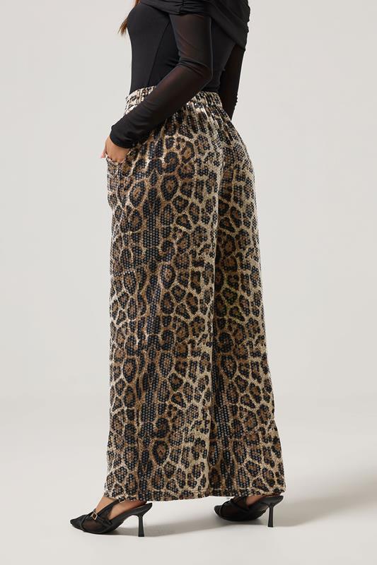 PixieGirl Petite Women's Brown Animal Sequin Wide Leg Trousers | PixieGirl 4