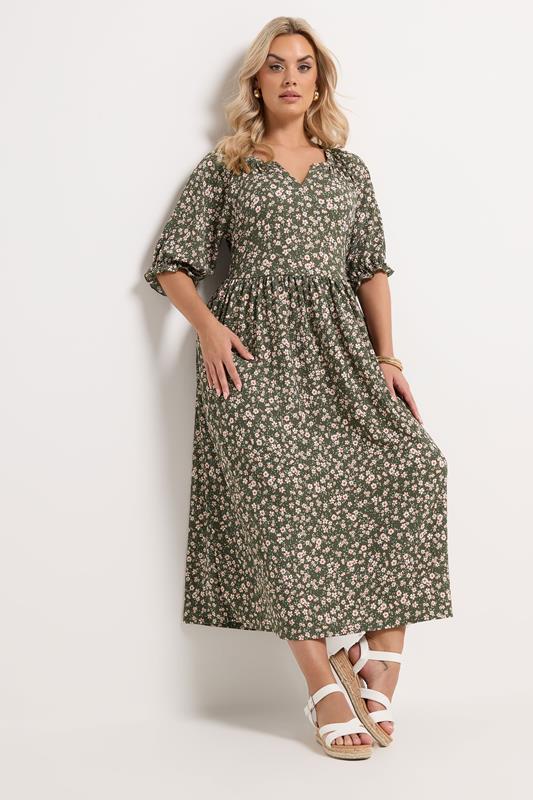 YOURS Curve Khaki Green Ditsy Floral Notch Neck Maxi Dress