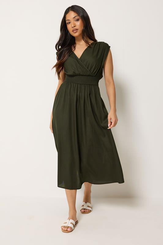 PixieGirl Petite Olive Green Wrap Midi Dress