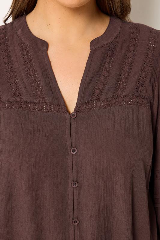 YOURS Plus Size Chocolate Brown Notch Neck Crochet Blouse | Yours Clothing  4