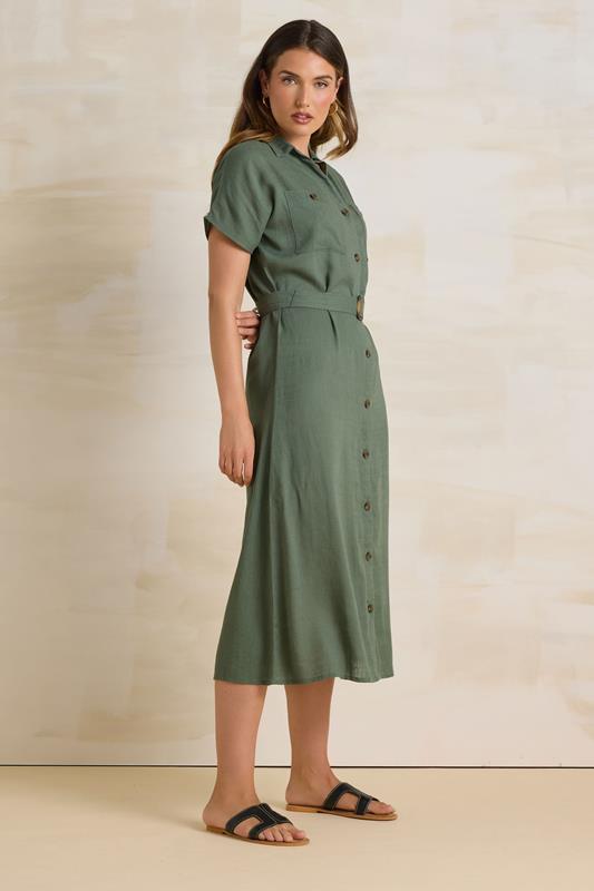 LTS Tall Khaki Green Linen Button Midi Dress | Long Tall Sally 2