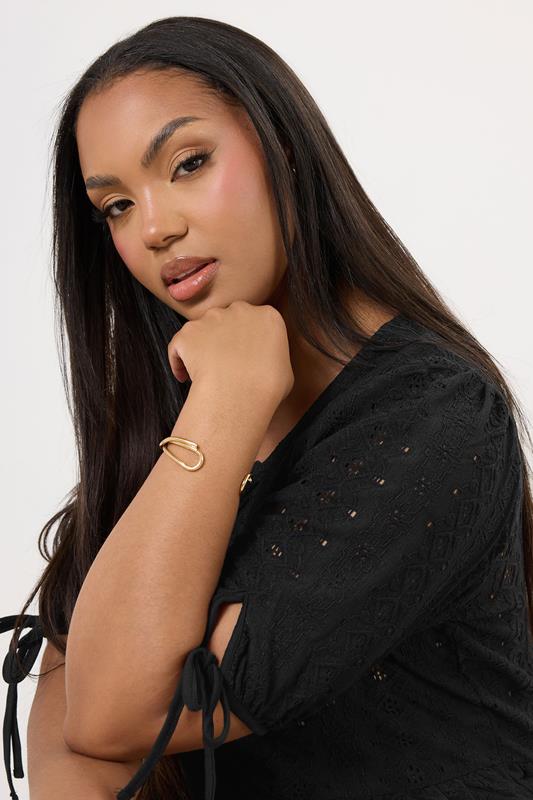 YOURS Plus Size Black Broderie Anglaise Bow Tie Front Peplum Top | Yours Clothing 5