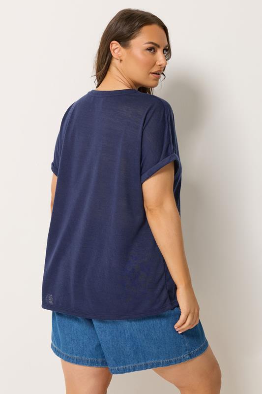 YOURS Plus Size Navy Blue Linen Look T-Shirt | Yours Clothing 2