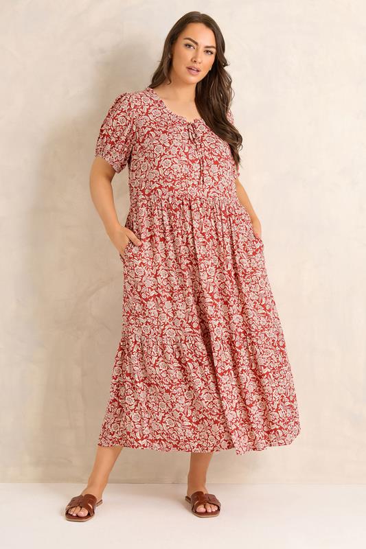 EVANS Plus Size Orange Ditsy Tie Neck Dress | Evans 1