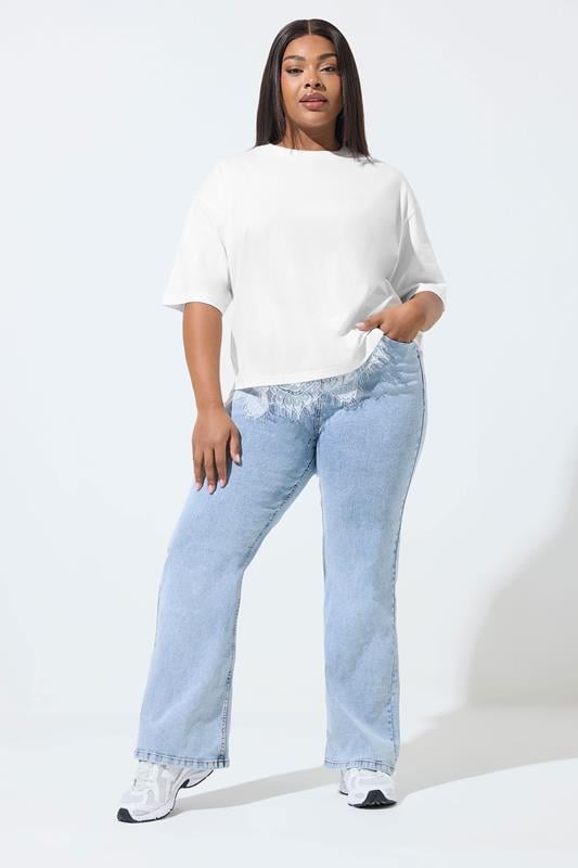 LIMITED COLLECTION Plus Size White Oversized Lace Hem T-Shirt | Yours Clothing 1