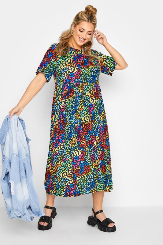 YOURS Plus Size Black Rainbow Leopard Print Midaxi Dress | Yours Clothing 1