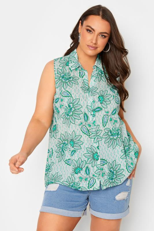 YOURS Plus Size White Floral Print Dipped Hem Sleeveless Blouse | Yours Clothing 1